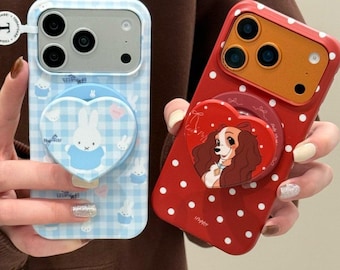 Red Polka Dot Puppy & Blue Gingham Miffy MagSafe Phone Case, iPhone 17 Pro Max Case, iPhone 16 Case, iPhone 15 Case,Magnetic Grip Stand Case