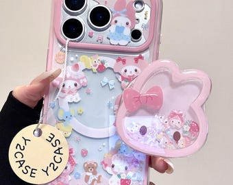 Cute My Melody Aesthetic Clear MagSafe Phone Case, iPhone 17 Pro Max Case, iPhone 16 Pro Case, iPhone 15 Pro Case, Magnetic Grip Stand Case