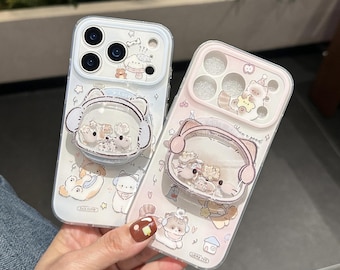 Cute Blue Dog Pink Cat Aesthetic MagSafe Phone Case, iPhone 17 Pro Max Case, iPhone 16 Pro Max Case, iPhone 15 Case,Magnetic Grip Stand Case