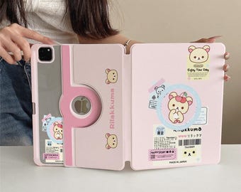 Cute Pink Bear 360 Rotating Magnetic iPad Case, iPad Air 11" Case, iPad 10th Gen 10.9 in Case, Detachable with Pencil Slot, iPad Mini 6 Case