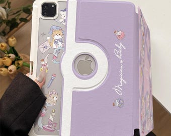 Purple Cartoon Animal 360 Rotating Magnetic iPad Case, iPad Air 13"/Pro 12.9'' Case, iPad 11th 2025 11in Case, Detachable with Pencil Slot
