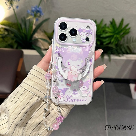 Purple Kuromi Rotating Aesthetic MagSafe Phone Case with Charm, iPhone 17 Pro Case, iPhone 16 Case, iPhone 15 Case, Magnetic Grip Stand Case