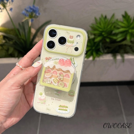 Aesthetic Matcha & Strawberry Cake MagSafe iPhone Case, iPhone 17 Pro Max Case,Magnetic Phone Case Detachable Pop-out Stand with Strong Grip