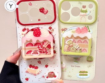 Strawberry Cake & Matcha Cake Aesthetic MagSafe Phone Case, iPhone 17 Pro Max Case, iPhone 16 Case, iPhone 15 Case, Magnetic Grip Stand Case