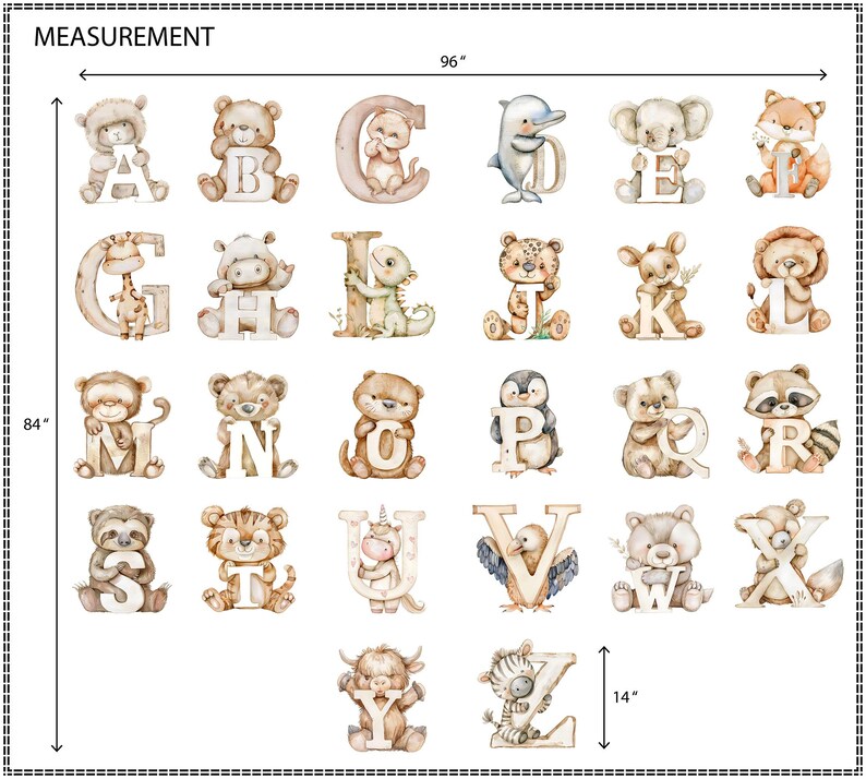 A to Z Wall Decal Animal Alphabet Wall Sticker Tiger Wall Mural ...