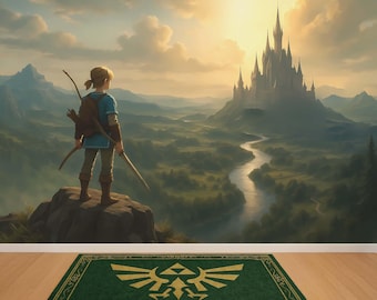 Puede incluir: Un mural de estilo fantasía muestra a una persona con arco y espada, mirando un valle con un castillo a lo lejos. Una alfombra verde con un emblema dorado está en el suelo. La obra de arte se centra en el paisaje y la aventura.