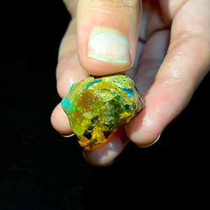 Puede incluir: Una gema de ópalo en bruto, sin cortar, con colores vibrantes de verde, azul y dorado. La piedra preciosa se sostiene entre los dedos, mostrando su forma natural e irregular y su juego de colores iridiscentes. El fondo oscuro resalta el brillo de la piedra.