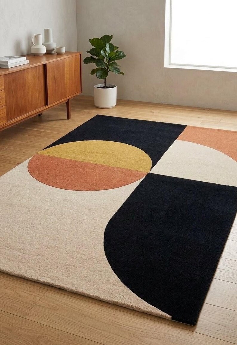 Handmade Tufted Rug, Modern Abstract Geometric Rug, Black Beige ...