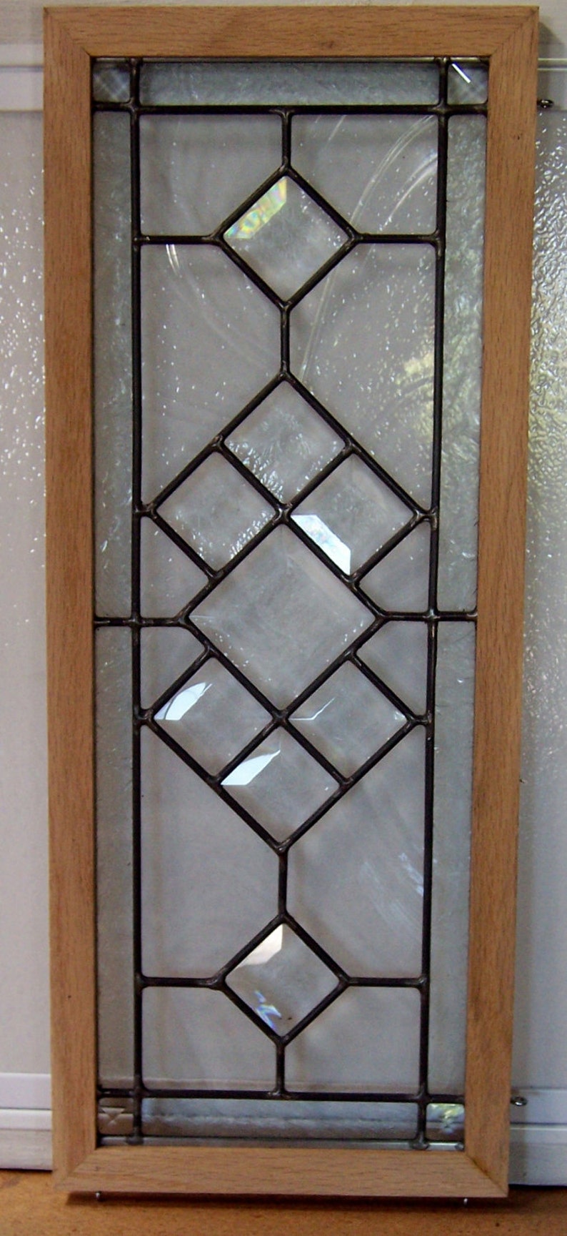 Elegant Oak Framed Beveled Stained Glass Window Etsy