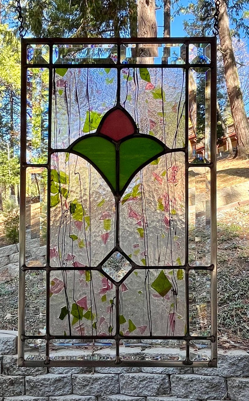 Pink Flower Stained Glass Window Panel: Beveled Accent, Spring Green - Etsy