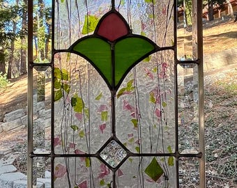 Pink Flower Stained Glass Window Panel: Beveled Accent, Spring Green