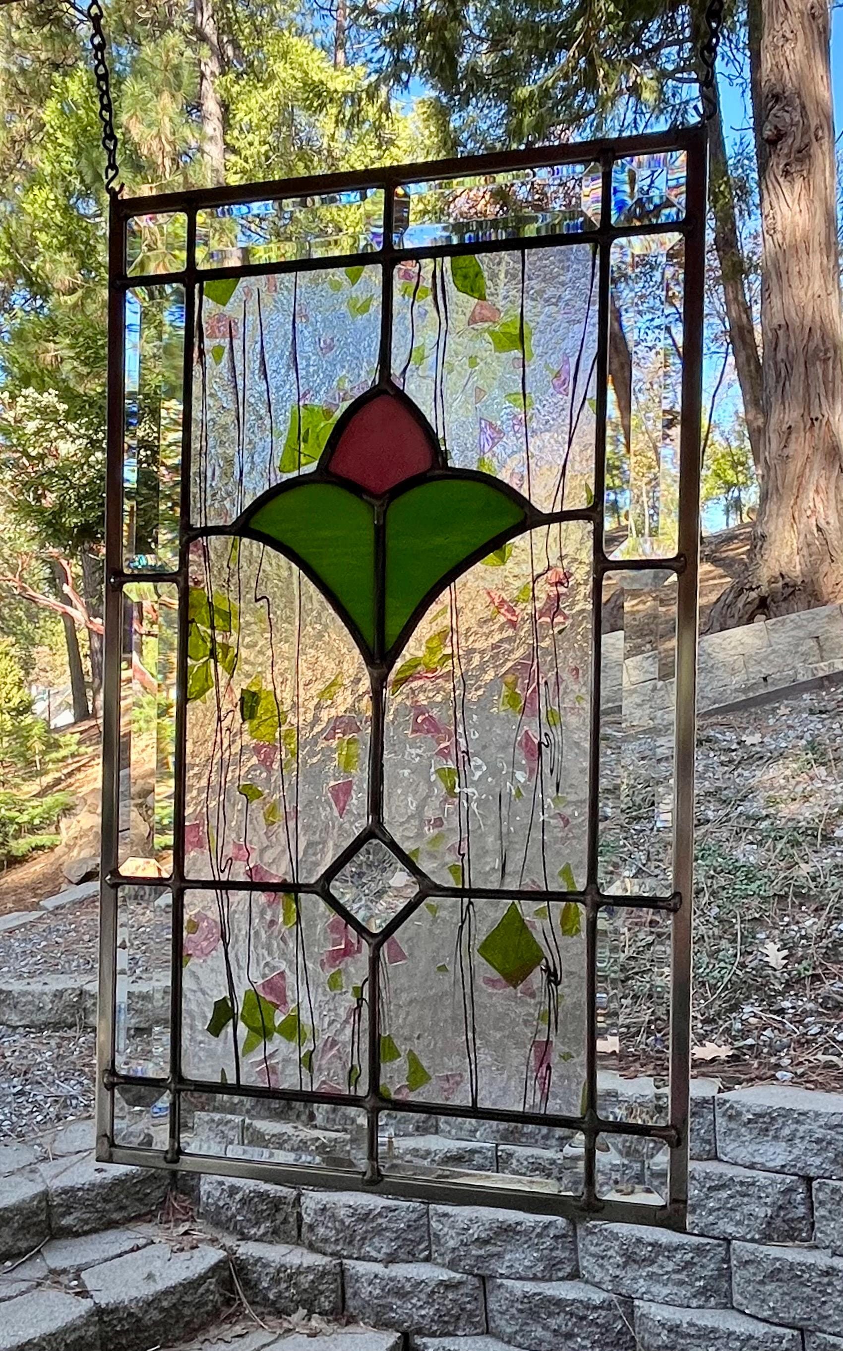 Pink Flower Stained Glass Window Panel: Beveled Accent, Spring Green - Etsy