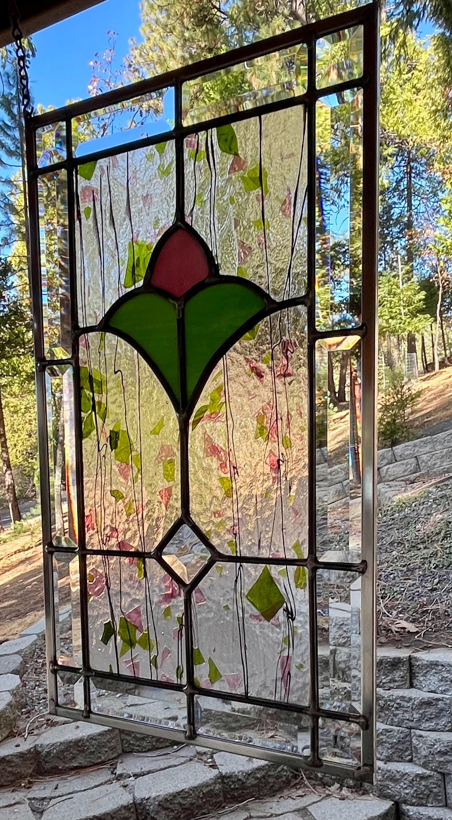 Pink Flower Stained Glass Window Panel: Beveled Accent, Spring Green - Etsy