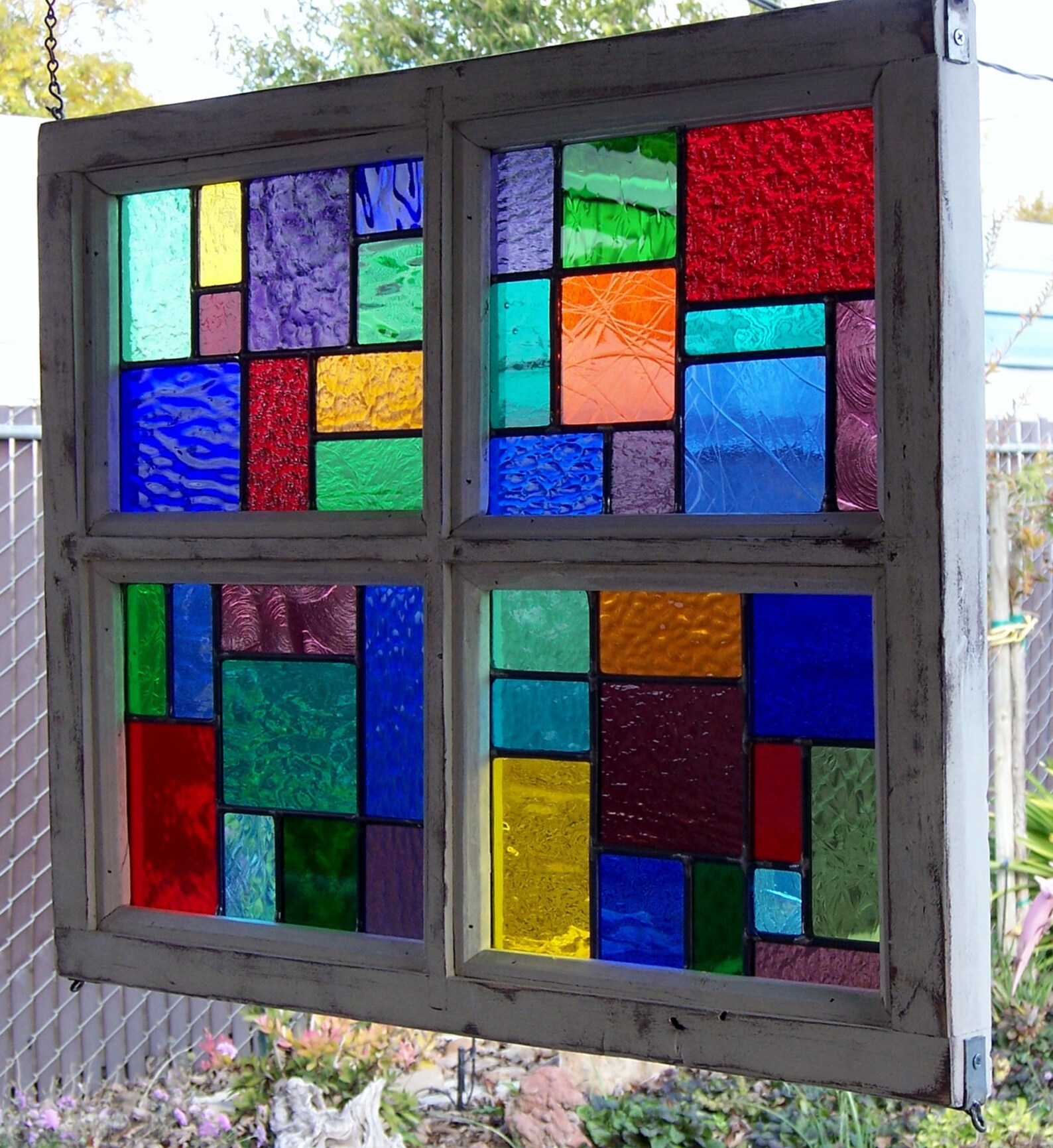 Multi Color Wood Framed Stained Glass Window Etsy