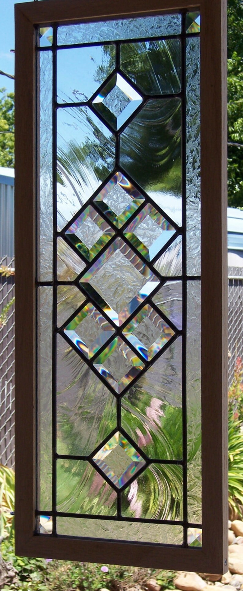 Elegant Oak Framed Beveled Stained Glass Window Etsy