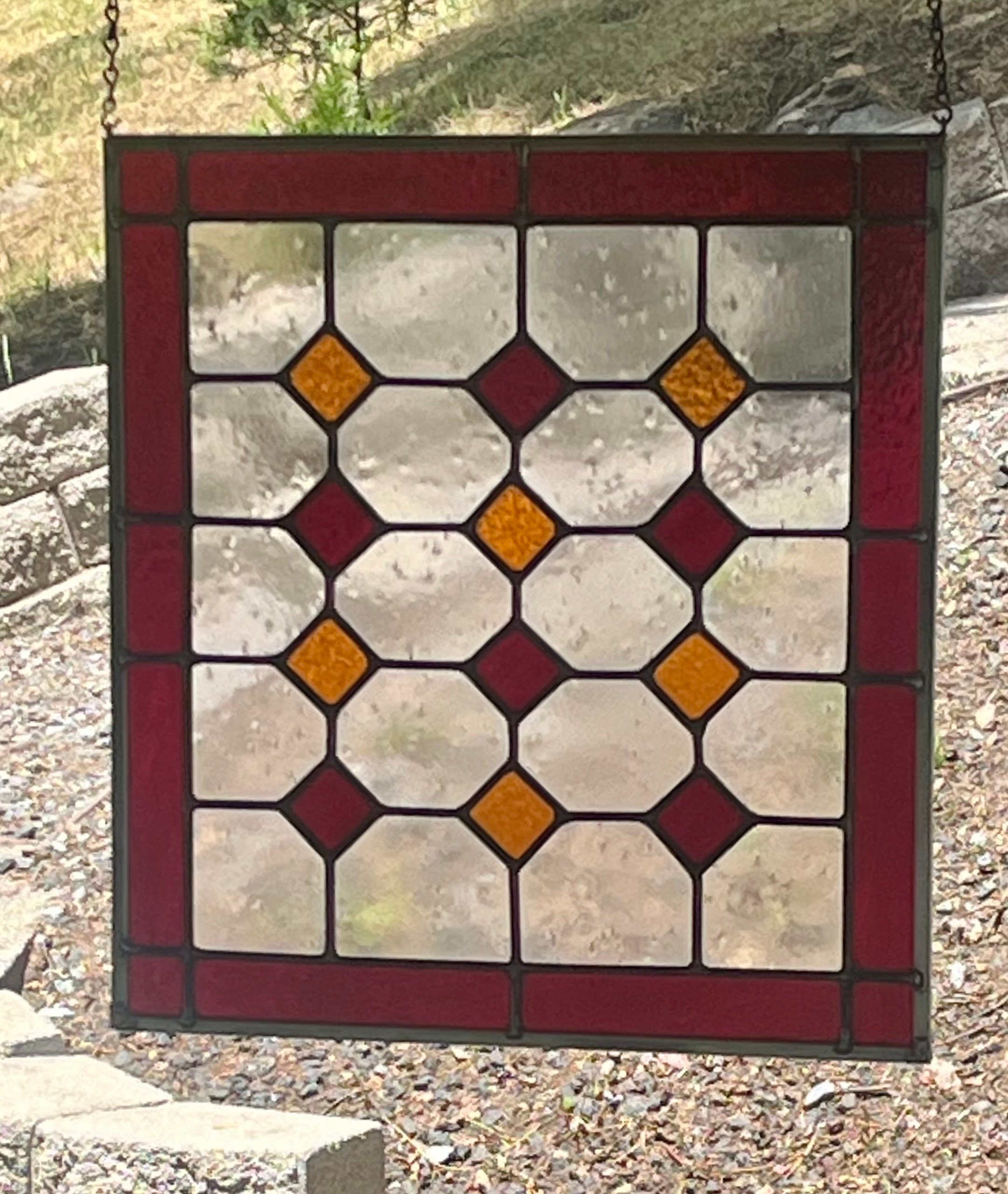 Red and Amber Stained Glass Window Panel: Handcrafted Leaded Glass-free ...