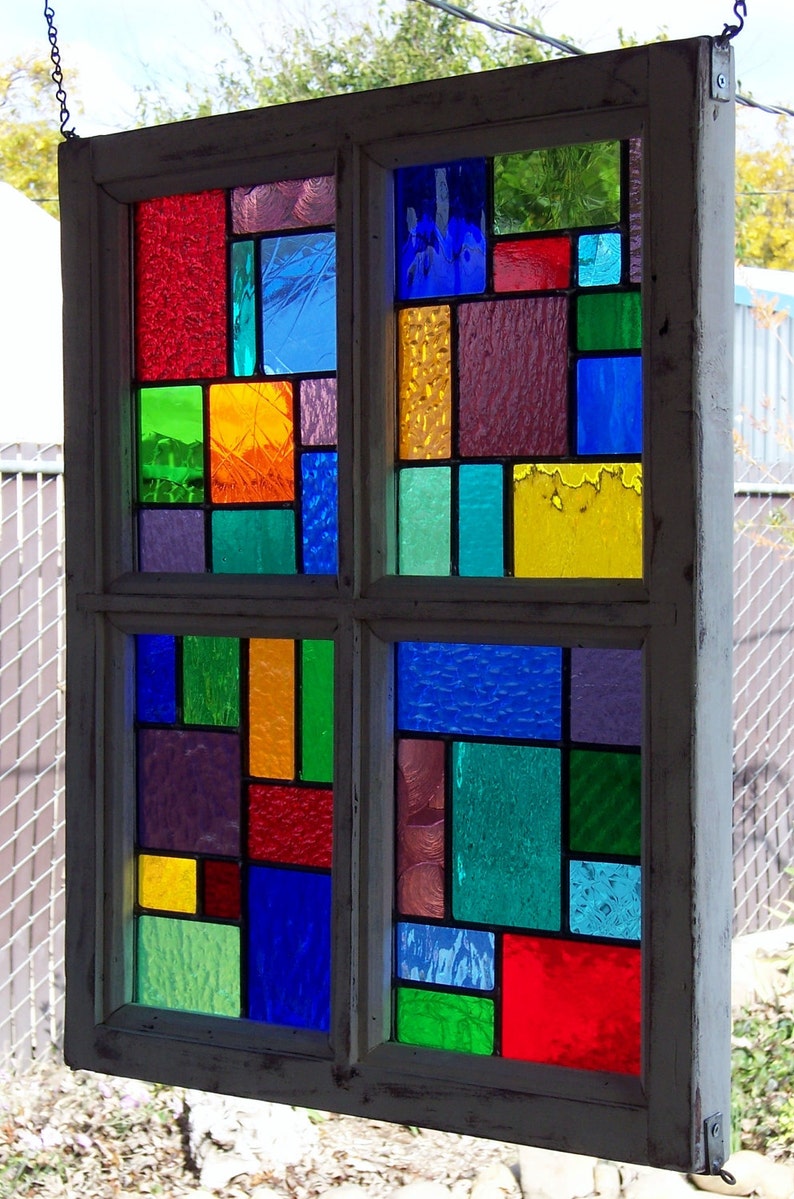 Multi Color Wood Framed Stained Glass Window Etsy