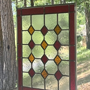 Red and Amber Stained Glass Window Panel: Handcrafted Leaded Glass-free ...