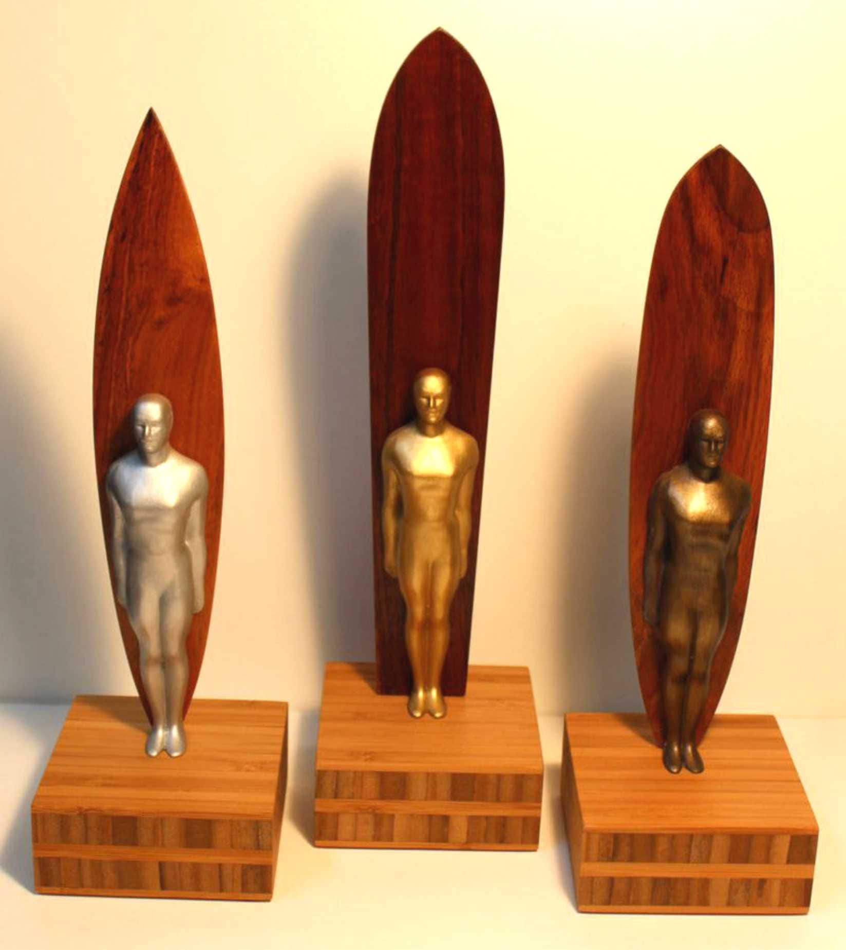 Hawaii Koa Wood Surfrider Trophy Award Vintage Shape Surfboard Bamboo Base 