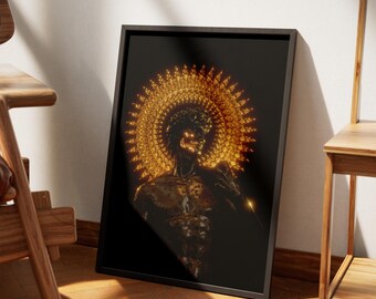 May include: Framed art print featuring a golden, radiant figure against a black background. The artwork depicts a person with a halo-like design, creating a striking contrast. The print is displayed in a black frame, leaning against a wall near a wooden chair.