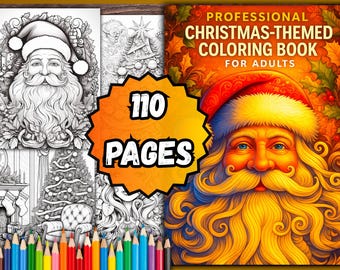 Puede incluir: Un libro para colorear profesional con temática navideña para adultos con 110 páginas. La portada presenta una colorida ilustración de Papá Noel. La imagen también muestra páginas para colorear en blanco y negro y un juego de lápices de colores.