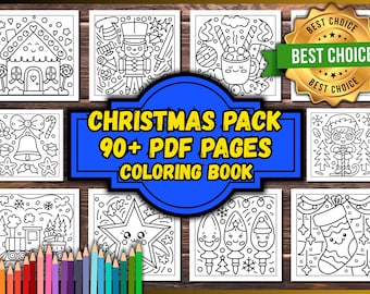 May include: A set of Christmas-themed coloring pages, including images of a gingerbread house, a nutcracker, and a Christmas stocking. The image text says "CHRISTMAS PACK 90+ PDF PAGES COLORING BOOK".