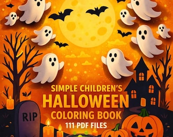 Op de afbeelding: Een Halloween-kleurboekcover met een levendige oranje achtergrond. Het ontwerp toont cartoongeesten, vleermuizen, een volle maan, een spookhuis, pompoenen en de tekst "SIMPLE CHILDREN'S HALLOWEEN COLORING BOOK".