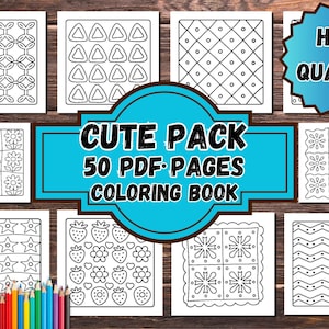 Può includere: Una raccolta di 50 pagine di libri da colorare in PDF con vari modelli e disegni, tra cui fiori, stelle, fragole e forme geometriche. L'immagine presenta un set di matite colorate e il testo "CUTE PACK 50 PDF PAGES COLORING BOOK" e "HIGH QUALITY".