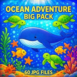 Målarbok Ocean Wonders – 60 JPG-sidor, barn och vuxna (digital nedladdning)