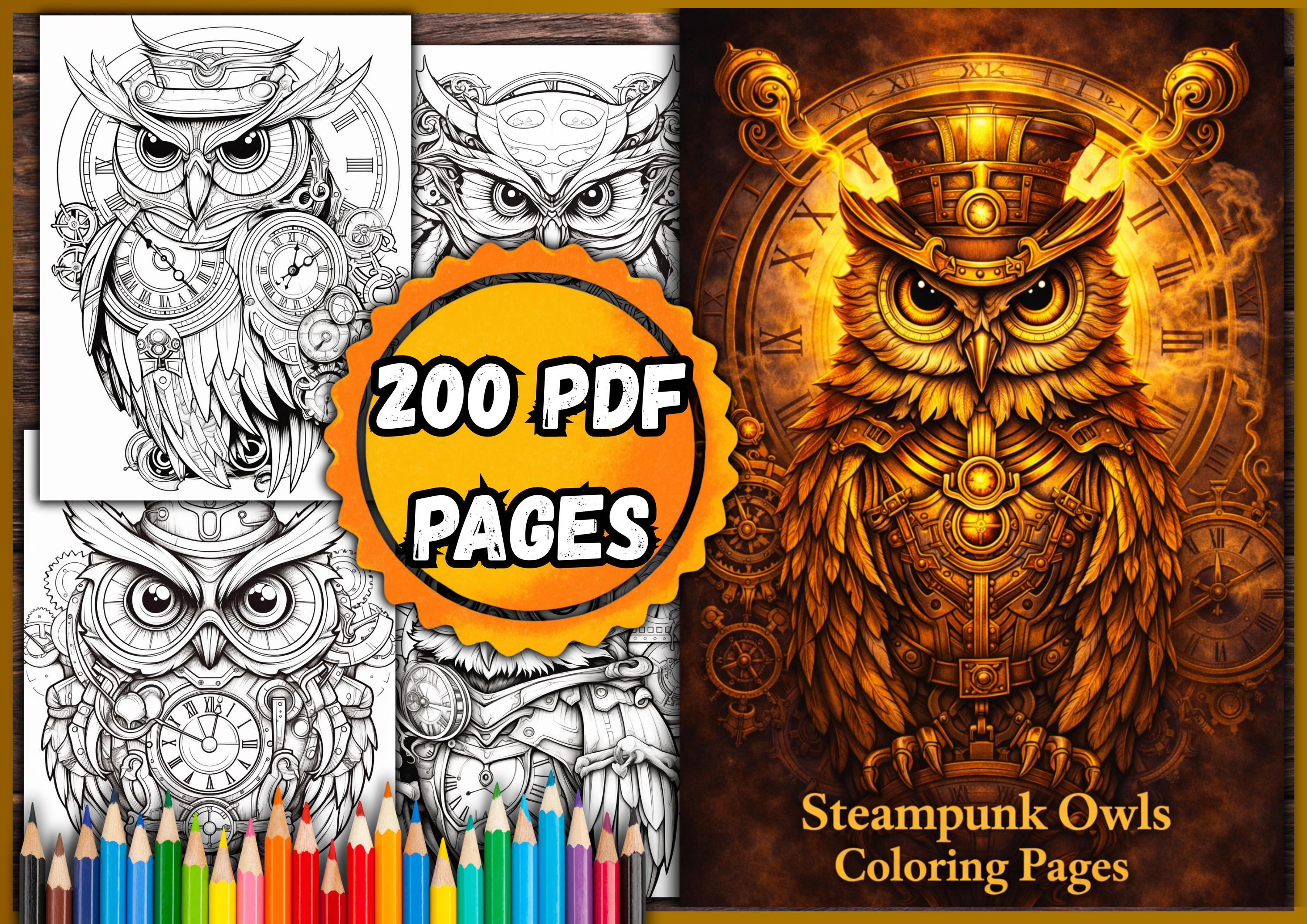 Steampunk Owls Coloring Pages &ndash; 200 PDF Pages