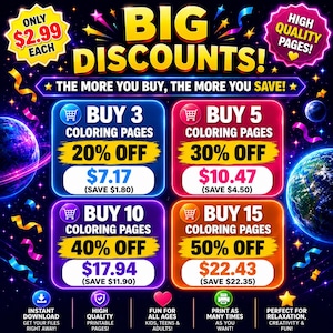May include: A colourful graphic advertising discounts on colouring pages. Text reads "BIG DISCOUNTS!" and "The more you buy, the more you save!" Various offers are shown, with discounts up to 50% off. The image features planets, stars, and bright accents.