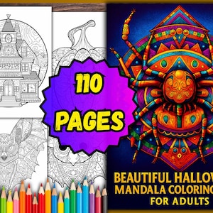 May include: A Halloween-themed adult coloring book with 110 pages. The cover features a colorful mandala spider design. Other pages show detailed line art of a haunted house, pumpkin, and bat. Colored pencils are at the bottom.