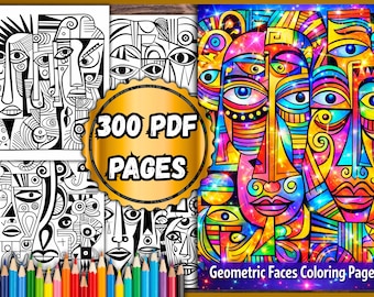 Geometric Faces Coloring Pages – 300 PDF Pages