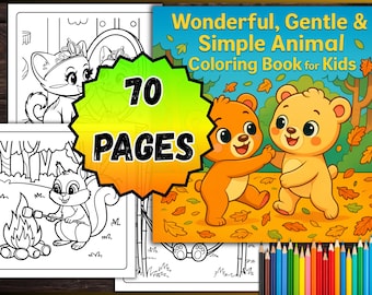 May include: A children's coloring book with the title "Wonderful, Gentle & Simple Animal Coloring Book for Kids." The cover features two cartoon bears in a forest setting. The book has 70 pages and includes a set of colored pencils.