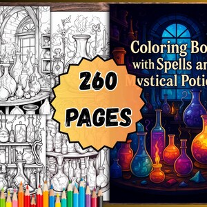Op de afbeelding: Een kleurboek met 260 pagina's, met illustraties van mystieke drankjes en spreuken. De omslag toont kleurrijke drankflessen en de tekst "Coloring Book with Spells and Mystical Potions."