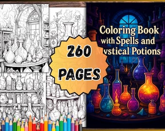 Pode incluir: Um livro de colorir com 260 páginas, com ilustrações de poções místicas e feitiços. A capa mostra frascos de poções coloridas e o texto "Coloring Book with Spells and Mystical Potions."