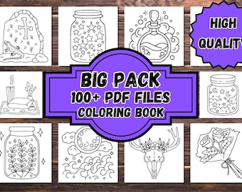 May include: A collection of black and white line art illustrations, including a cross on a stone, jars with stars, a potion bottle, and a deer skull with flowers. The text "BIG PACK 100+ PDF FILES COLORING BOOK" is displayed.
