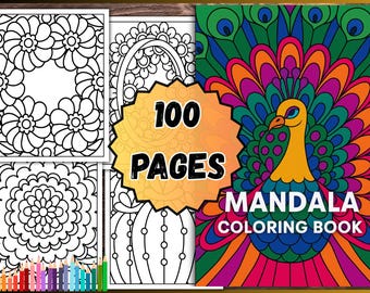 May include: A mandala coloring book with a colorful peacock design on the cover. The book includes 100 pages of intricate designs. Several sample coloring pages are shown, along with a set of colored pencils.