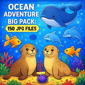 Puede incluir: Ilustración digital de una escena submarina con una ballena azul, delfines, peces dorados y focas. La imagen incluye el texto "OCEAN ADVENTURE BIG PACK: 150 JPG FILES". El fondo es un océano azul.
