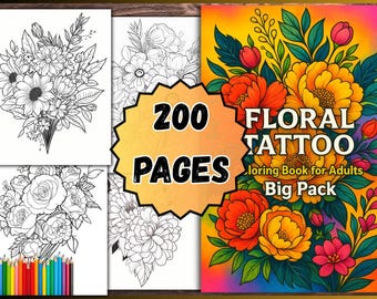 Libro para colorear de tatuajes florales para adultos (paquete grande de 200 páginas)