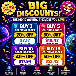 以下が含まれることがあります： 「BIG DISCOUNTS!」と「The more you buy, the more you save!」のテキストが入った、塗り絵を宣伝する鮮やかなグラフィック。最大50％オフの割引を提供するさまざまな購入オプションが表示されています。画像には惑星、星、カラフルなアクセントが含まれています。
