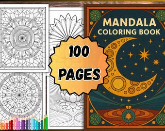 May include: A mandala coloring book with a cover featuring a crescent moon and stars. The book includes 100 pages of intricate designs, with examples of completed pages and colored pencils visible.