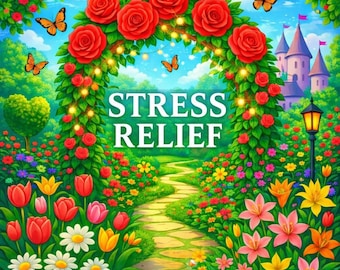 Puede incluir: Ilustración colorida para un libro para colorear con las palabras "STRESS RELIEF". La imagen presenta un camino de jardín, flores, mariposas y un castillo. El texto "COLORING BOOK FOR ADULTS" está en la parte inferior.