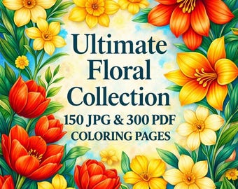 Colección Floral Definitiva: 150 páginas para colorear en formato JPG y 300 en formato PDF.