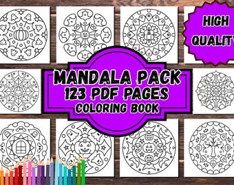 Può includere: Una collezione di pagine da colorare con mandala, ognuna con disegni intricati. L'immagine include il testo "MANDALA PACK 123 PDF PAGES COLORING BOOK" e un sigillo "HIGH QUALITY". I disegni sono in bianco e nero, perfetti per colorare.