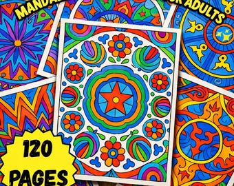 May include: A collection of adult mandala coloring books with vibrant, intricate designs in shades of blue, orange, green, and purple. The books are labeled "Mandala Coloring Book for Adults," with a yellow starburst graphic stating "120 Pages" and "Printable PDF Files."