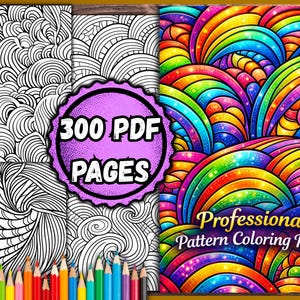 Puede incluir: Una colección de páginas para colorear con patrones intrincados y un diseño vibrante y colorido. La imagen incluye una insignia circular púrpura con el texto "300 PDF PAGES" y las palabras "Professional Pattern Coloring Pages". Una fila de lápices de colores está en la parte inferior.