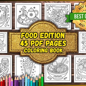 Può includere: Un libro da colorare a tema cibo, con 45 pagine PDF. La copertina presenta illustrazioni di vari alimenti, tra cui pancake, tè, limonata, biscotti, zucchero filato, un croissant, un milkshake, ramen e una torta. Matite colorate circondano il libro.