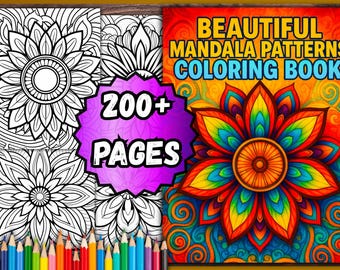 May include: A coloring book titled "Beautiful Mandala Patterns Coloring Book" with a colorful mandala design on the cover. The book includes over 200 pages of mandala patterns. Colored pencils are at the bottom.