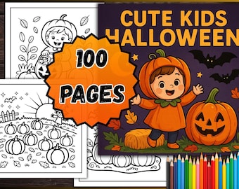 May include: A Halloween-themed coloring book for kids with the text "Cute Kids Halloween" and "100 Pages." The cover features a child in a pumpkin costume, a jack-o'-lantern, and bats. Coloring pages with pumpkins and Halloween scenes are also visible.
